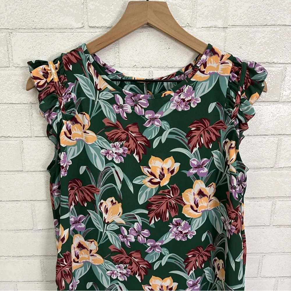 LOFT Green Flowered Ruffle Cap Sleeve Top - Picture 2 of 9
